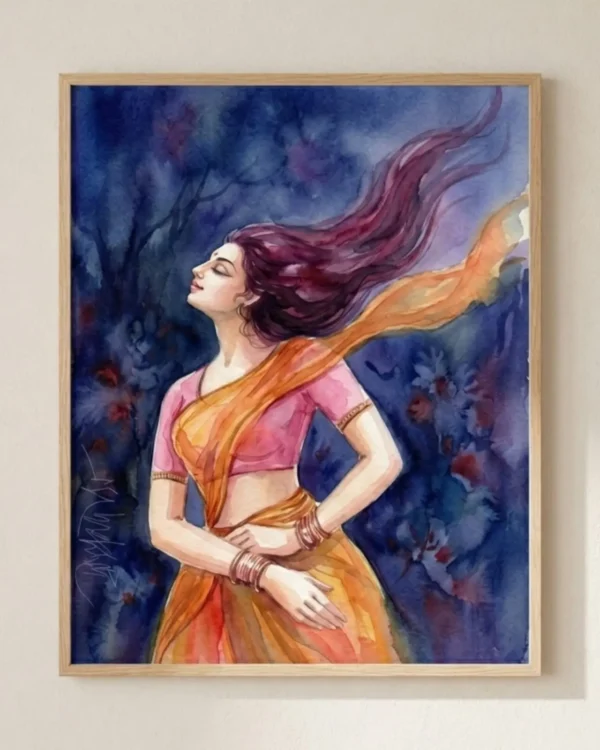Serenade in Saffron and Blue Wall Art – Contemporary Indian Portrait Painting | Printable Digital Download