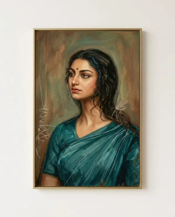 Awantika Wall Art – Silence of the Blue-Clad Contemporary Indian Portrait | Printable Digital Download