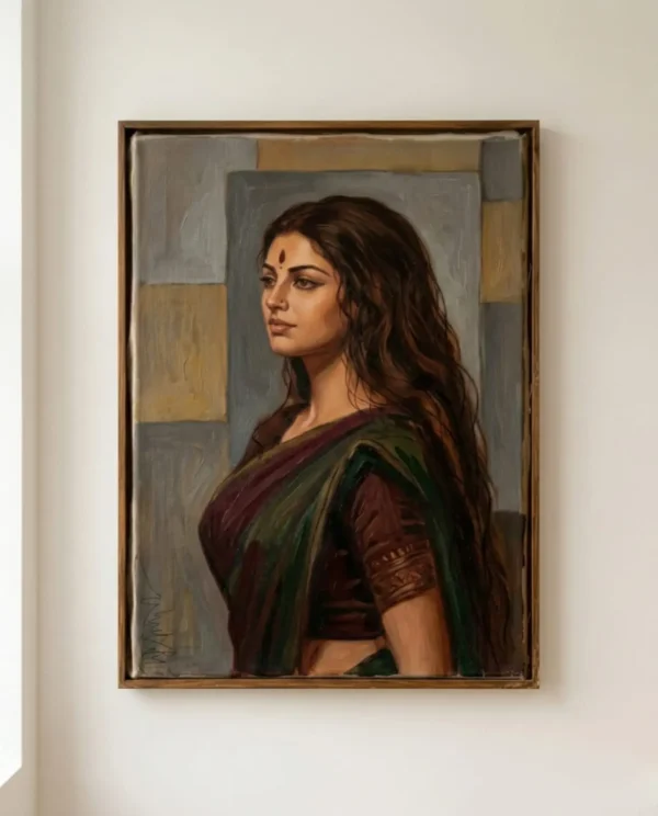 Silent Dialogue Wall Art – Contemporary Indian Woman Portrait Painting | Printable Digital Download