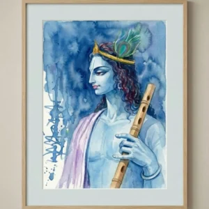 The Azure Melody Wall Art – Lord Krishna Watercolor Spiritual Painting | Printable Digital Download