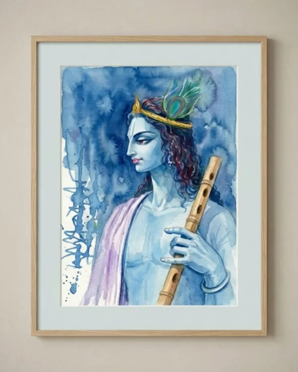 The Azure Melody Wall Art – Lord Krishna Watercolor Spiritual Painting | Printable Digital Download